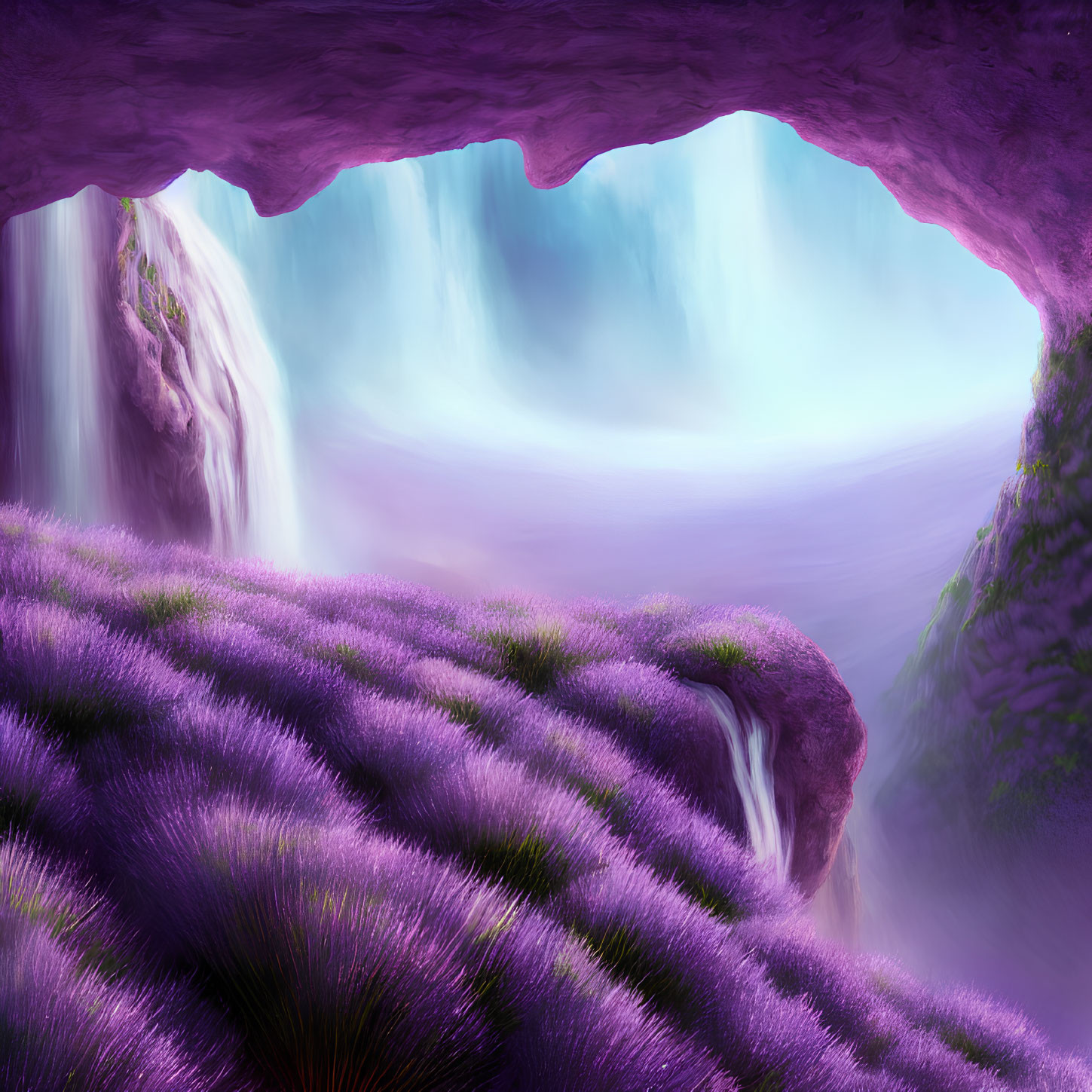 Serene lavender field by cliff with waterfall and mist