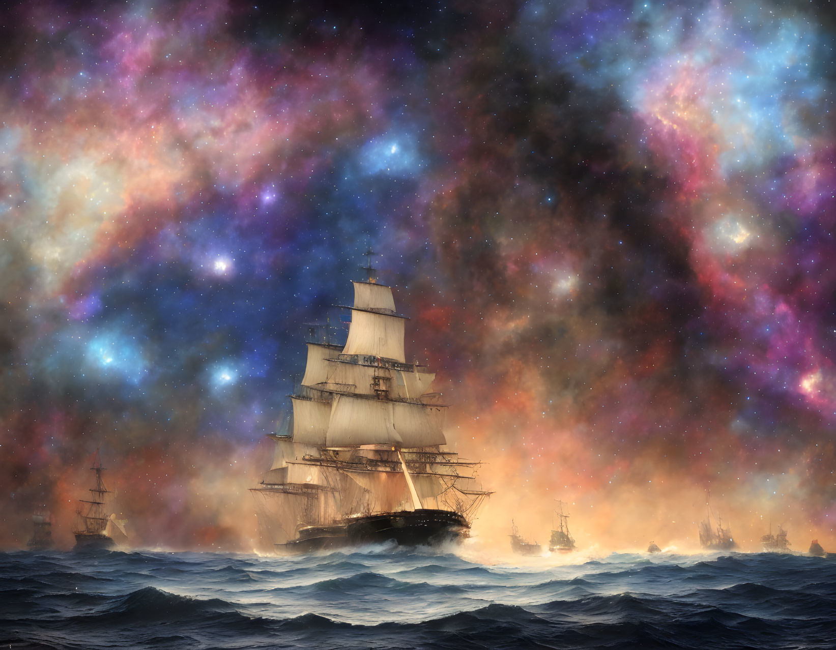 Tall ship sailing through cosmic ocean waves