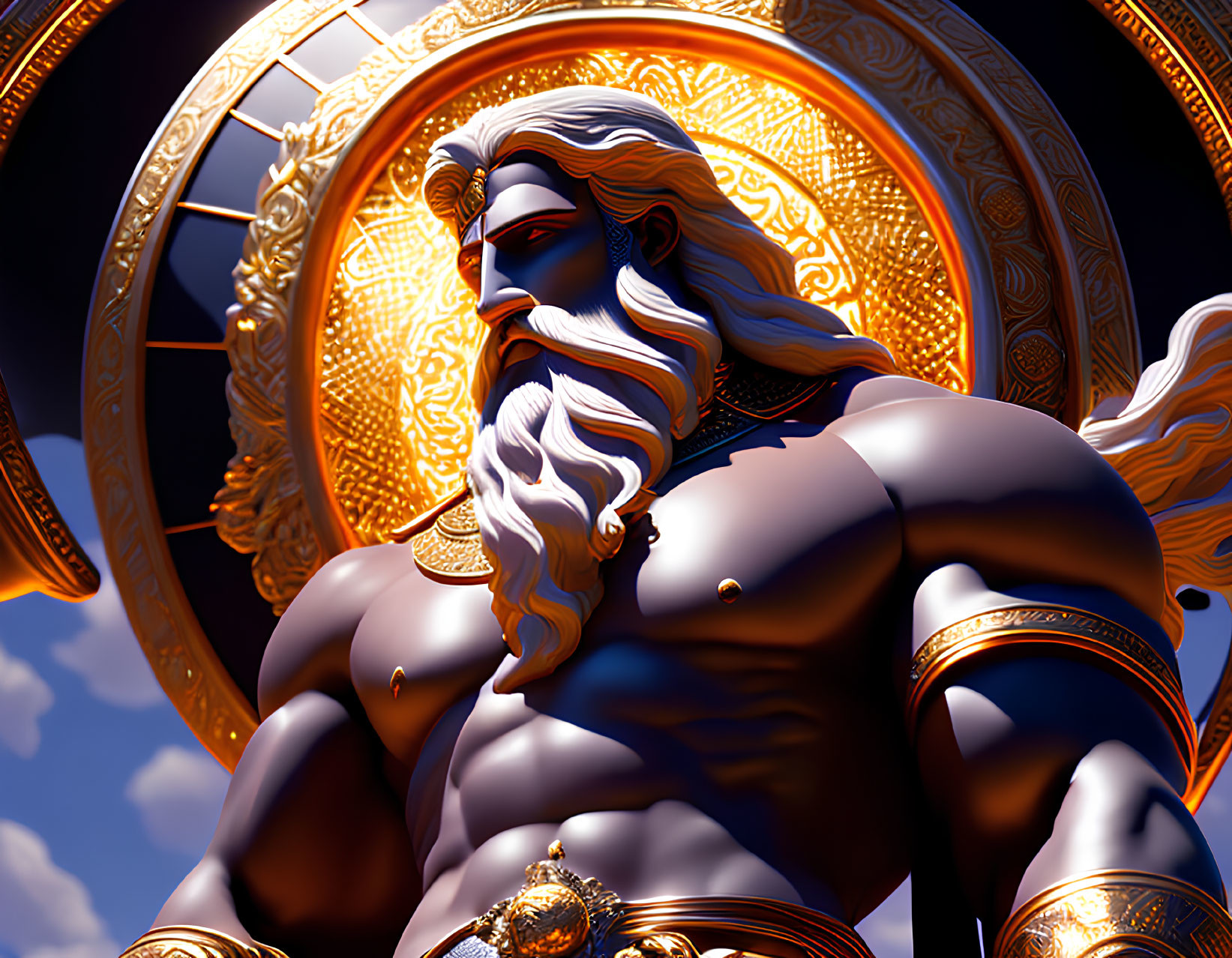 Muscular bearded male in golden armor with golden wheel in 3D render