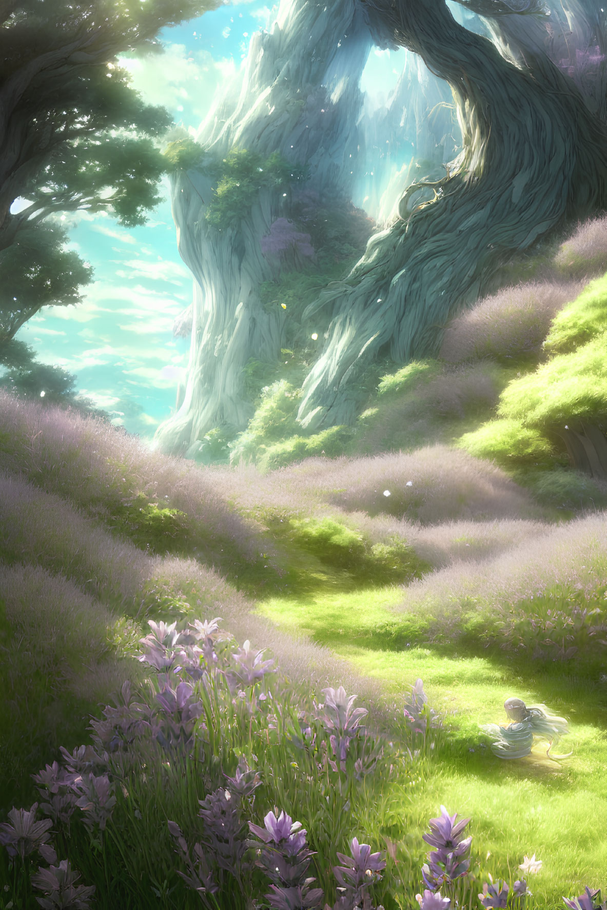 Majestic forest scene with ancient trees, sunbeams, purple flowers, and a resting figure