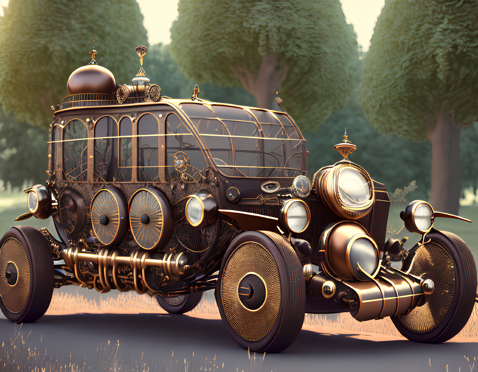 Vintage ornate vehicle with brass finishes and round windows parked on tree-lined road at twilight