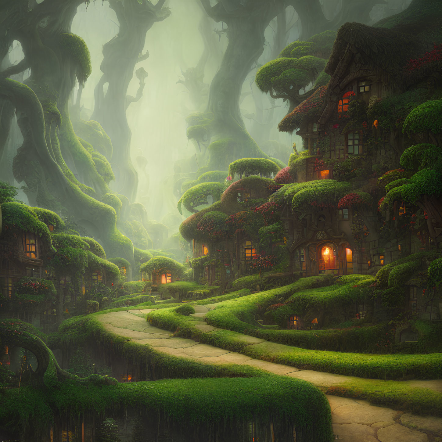 Mystical forest scene with curved pathways and cozy houses nestled among lush greenery