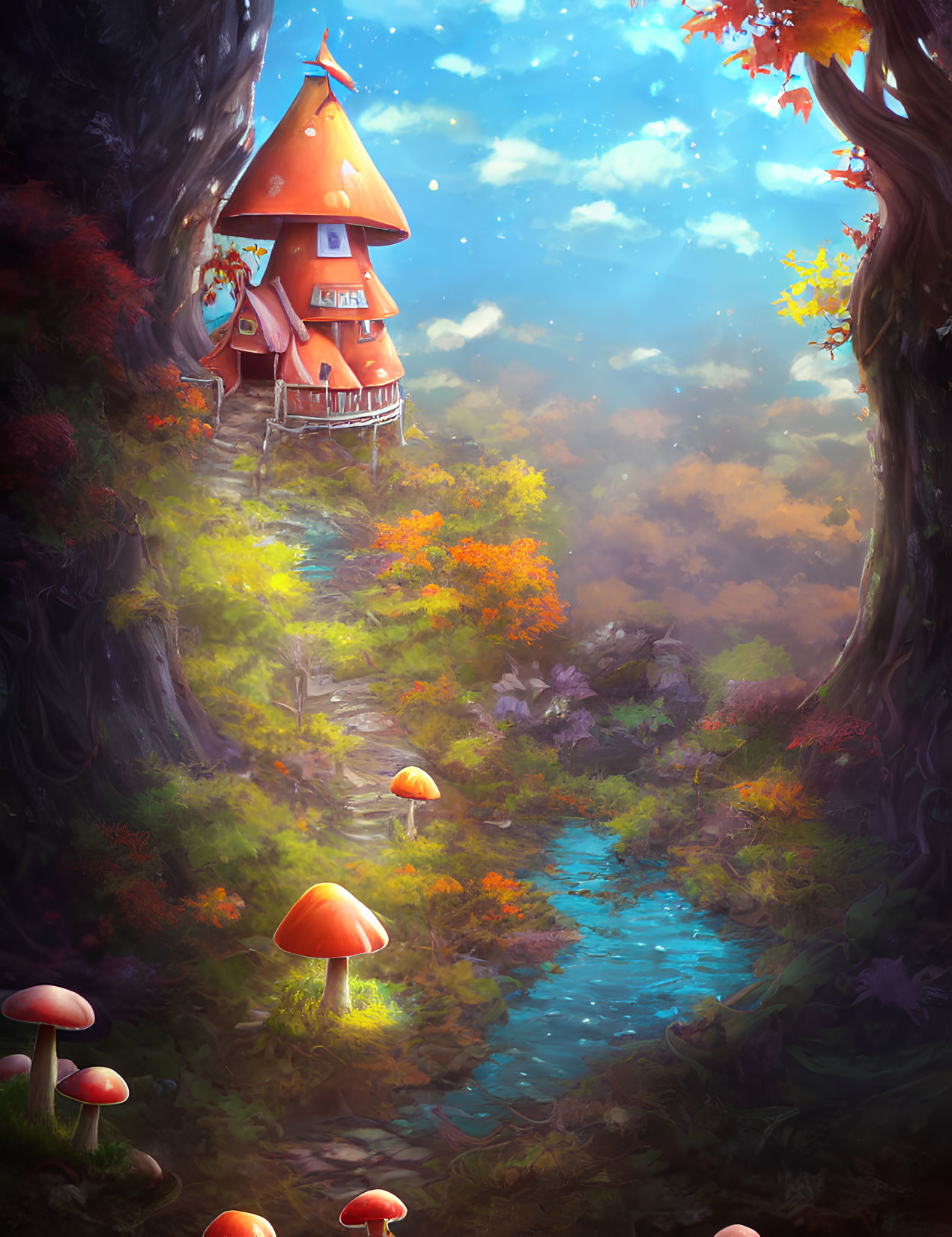 Enchanting fairy-tale landscape with mushroom house and autumn trees