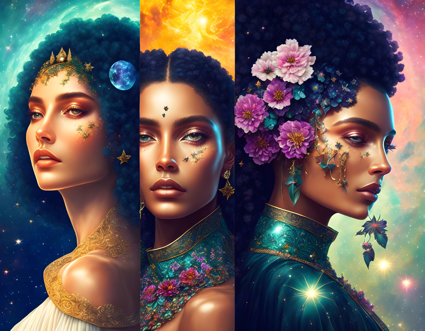 Stylized portraits of ethereal woman with nature elements and cosmic backdrops