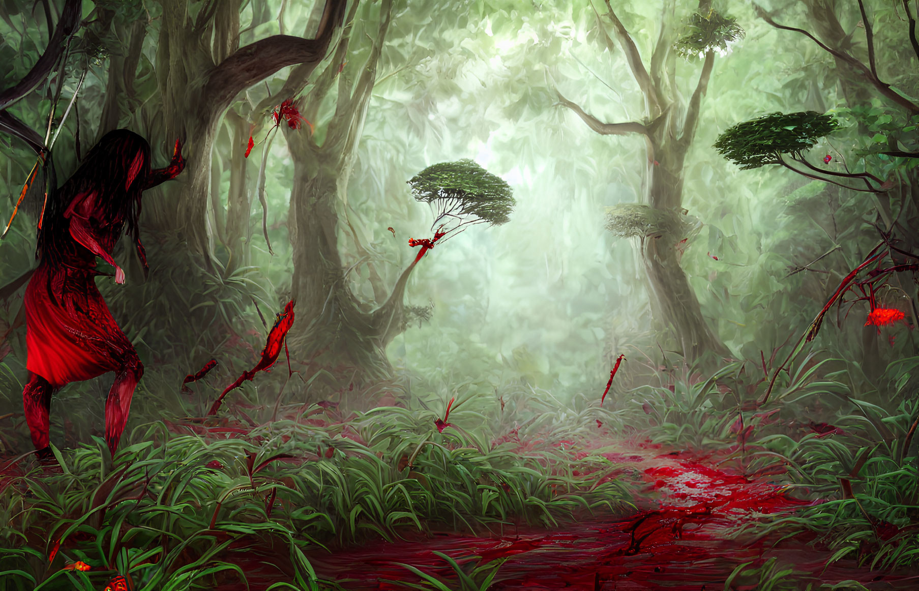 Red-clothed figure in misty forest with splatters of red.