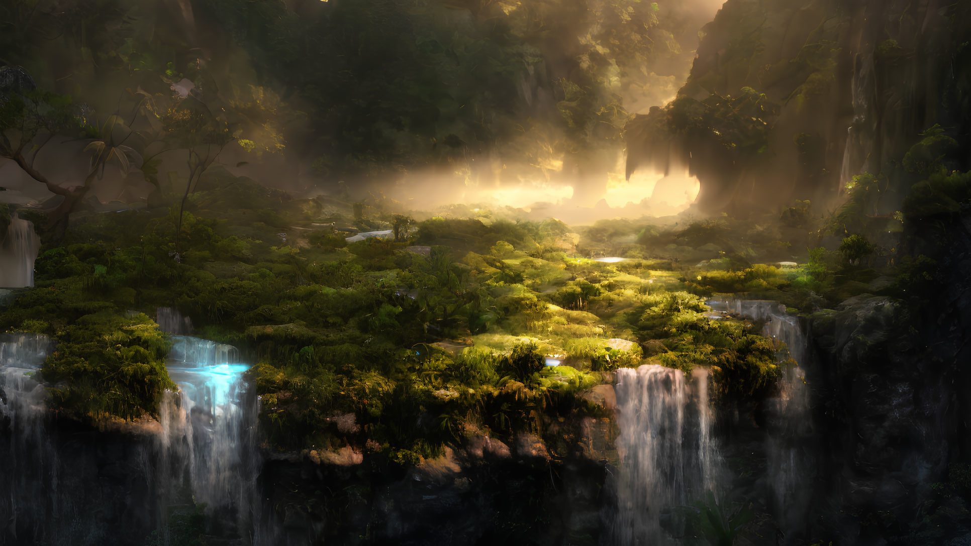 Mystical Sunlit Forest with Waterfalls and Glowing River