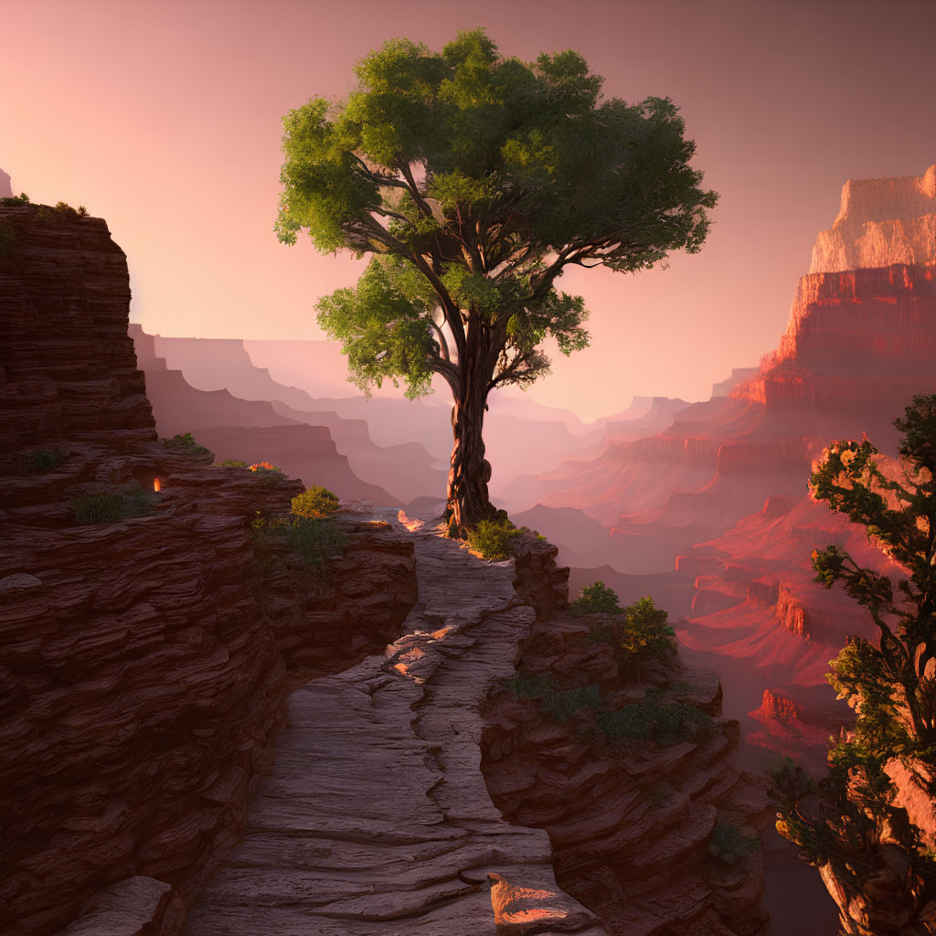 Sunset illuminates lone tree on rocky canyon pathway