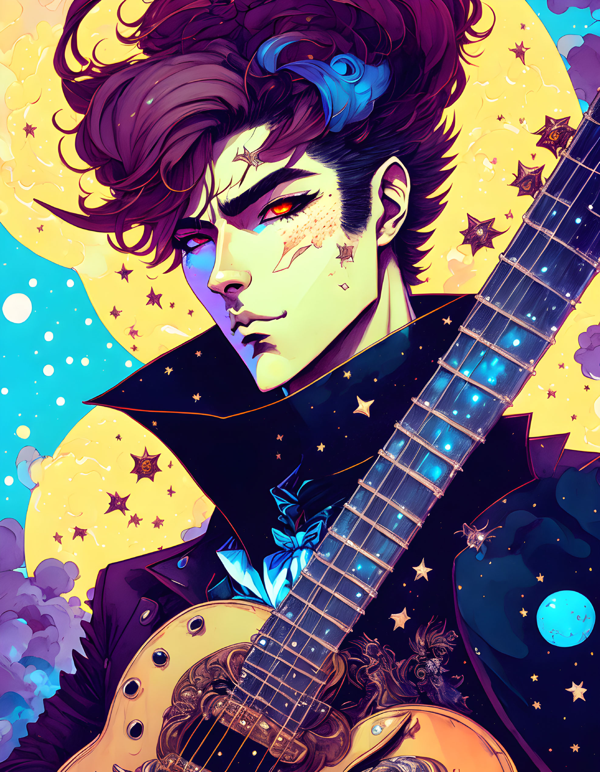 Stylish male character with dark hair and gold star makeup holding a guitar in cosmic setting