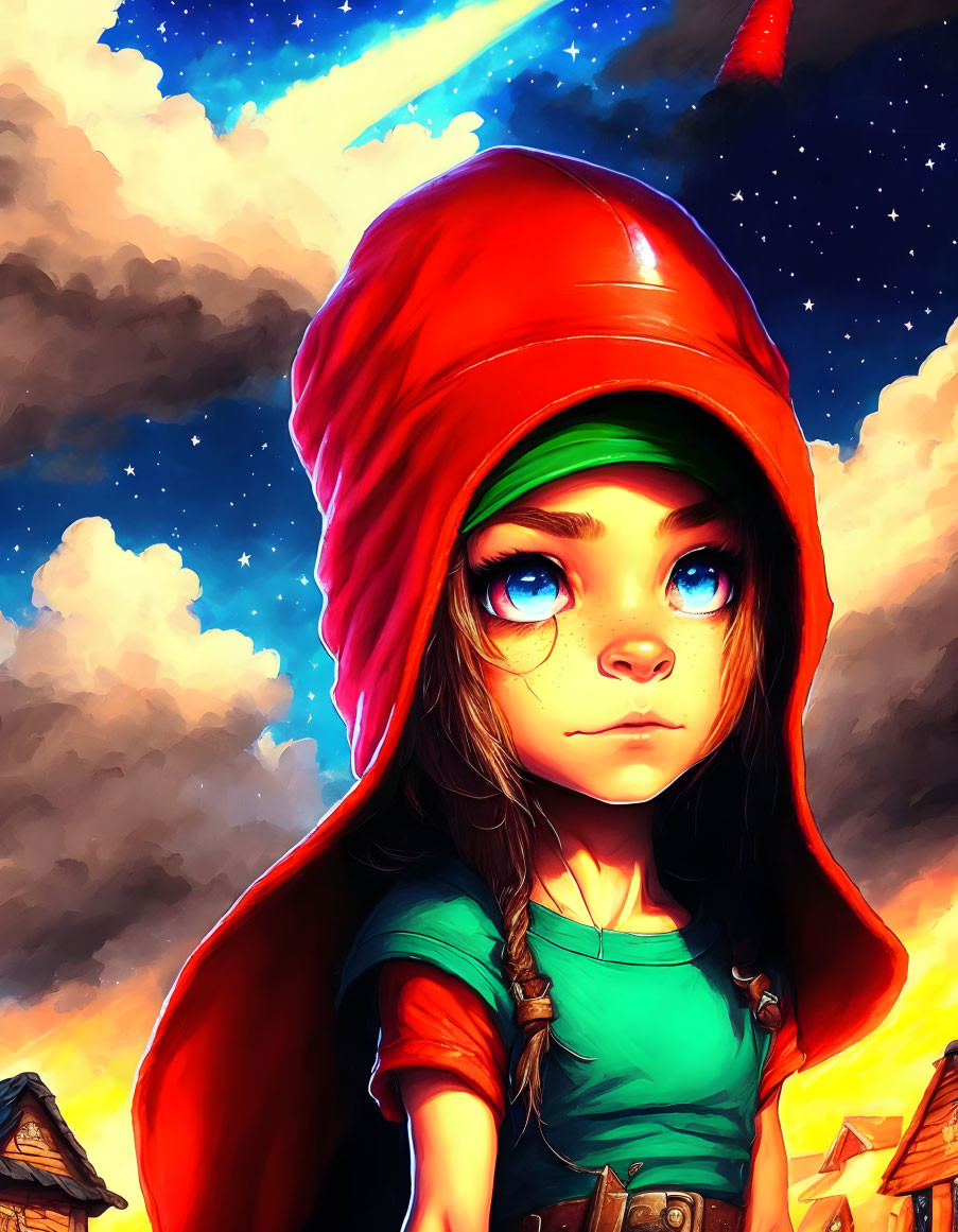 Illustration of girl in red hood with large eyes under twilight sky