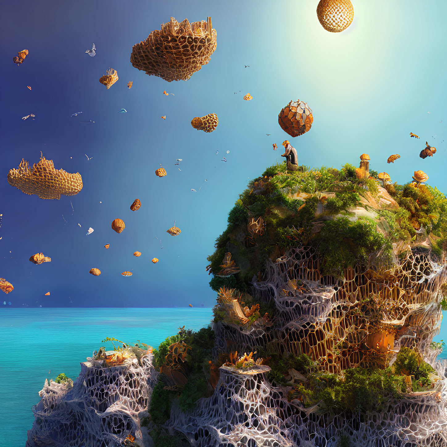 Surreal landscape with floating islands and person on cliff