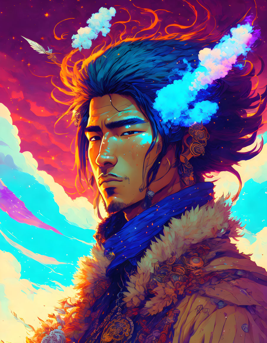 Digital artwork: man with blue scarf, clouds in hair, vibrant sunset sky, solitary feather