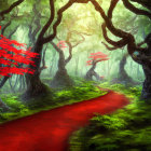 Vibrant red-leaved trees arch over cobblestone path in lush forest