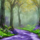 Mystical forest scene with purple flora, mushrooms, mist, and golden-lit trees