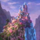 Fantastical illuminated castle on rocky cliff at twilight