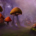 Whimsical oversized mushrooms in enchanted forest scene