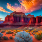 Scenic desert sunset with red rock formations and dramatic sky