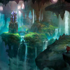 Enchanting underground cavern with waterfalls, glowing plants, mist, and solitary figure