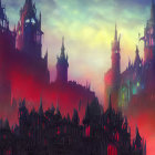 Gothic-style castles in dark, foreboding landscape with lava rivers