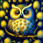 Colorful Owl Illustration on Branch with Luminous Flowers and Dark Blue Foliage