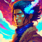 Digital artwork: man with blue scarf, clouds in hair, vibrant sunset sky, solitary feather