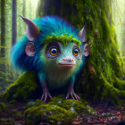 Blue-furred creature with large ears in mossy forest setting