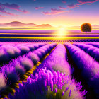 Lavender Field Sunset Scene with Rows of Houses under Vibrant Sky