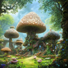 Fantasy landscape with mushroom trees, castle, figure in blue dress