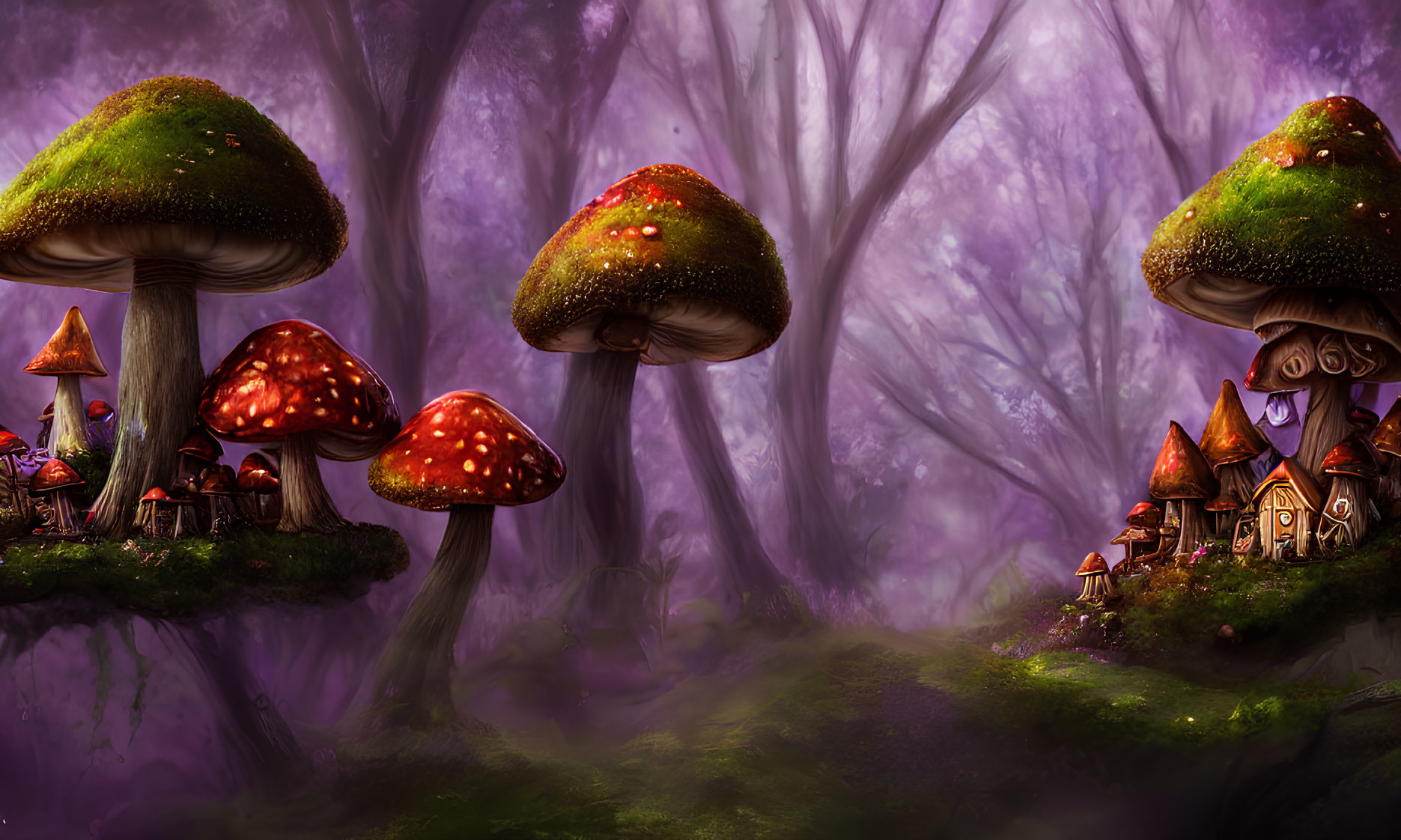 Whimsical oversized mushrooms in enchanted forest scene