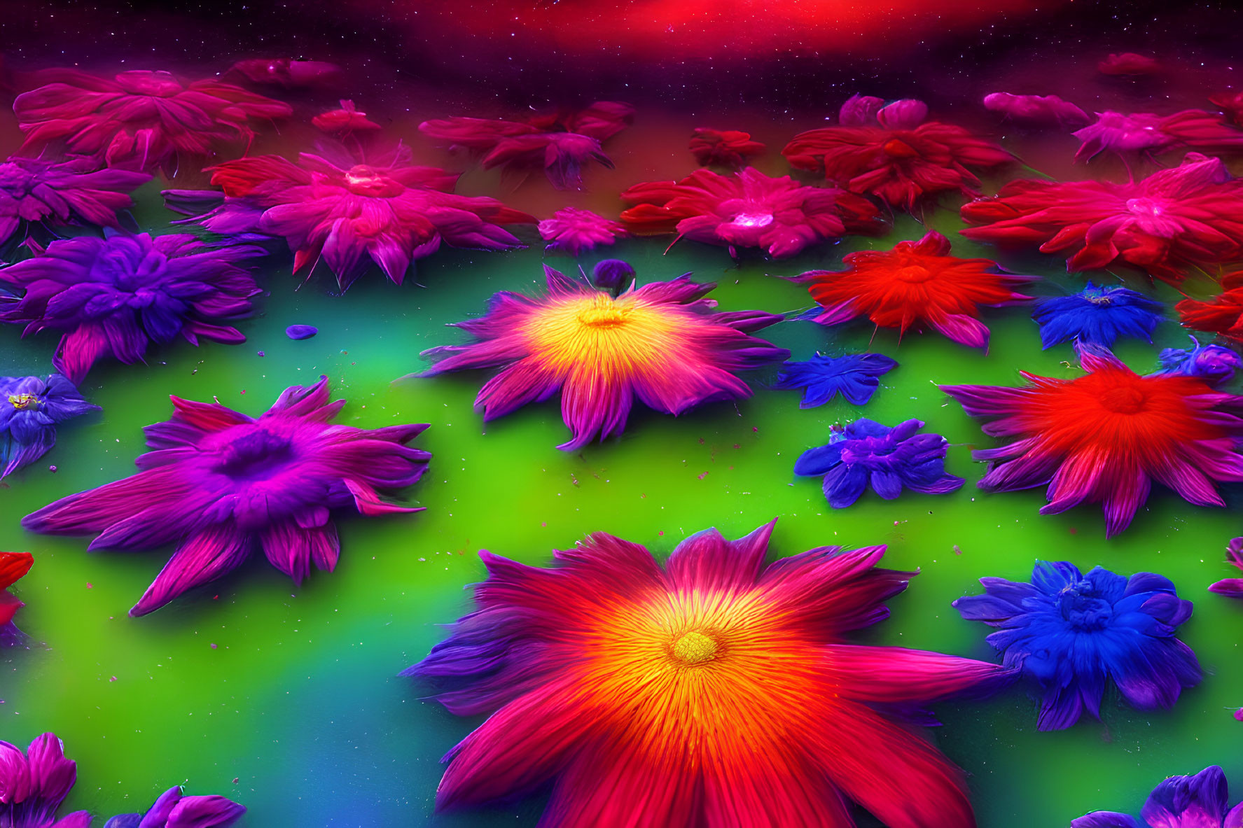 Colorful flowers against cosmic background with stars and nebula