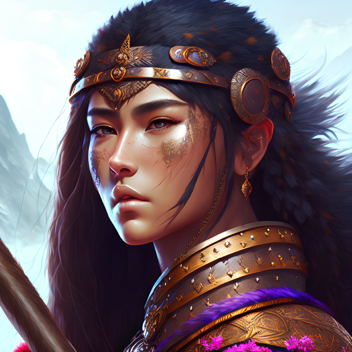 Warrior woman digital artwork with golden headband and intricate facial tattoos