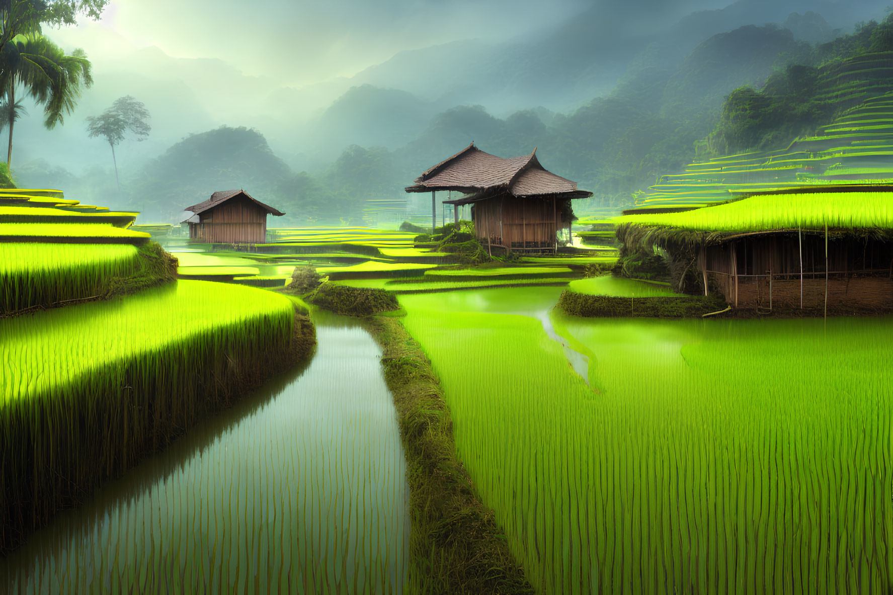 Picturesque terraced rice fields with traditional huts and misty hills