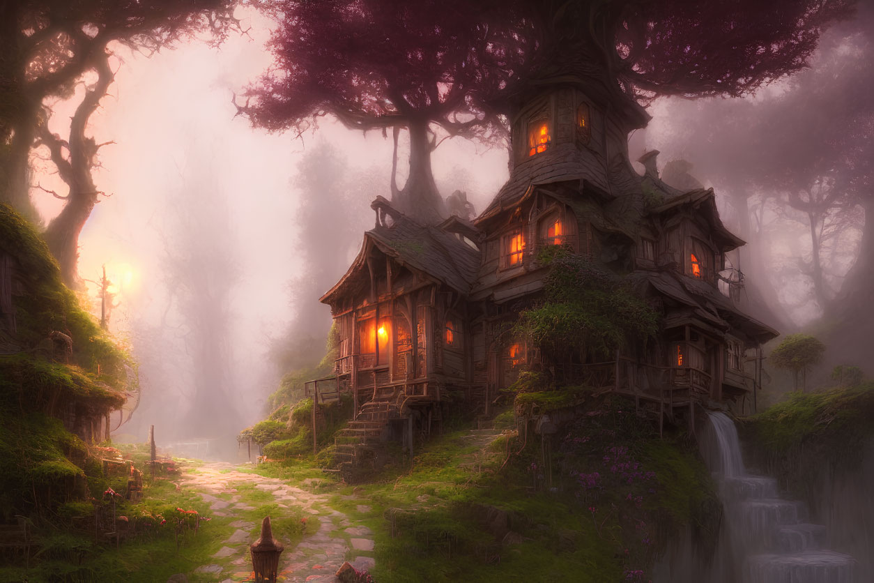 Enchanting multi-story house in foggy forest with glowing windows