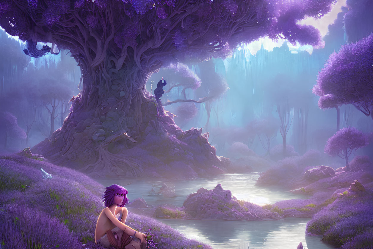 Fantasy landscape with purple tree, mist, and character by stream