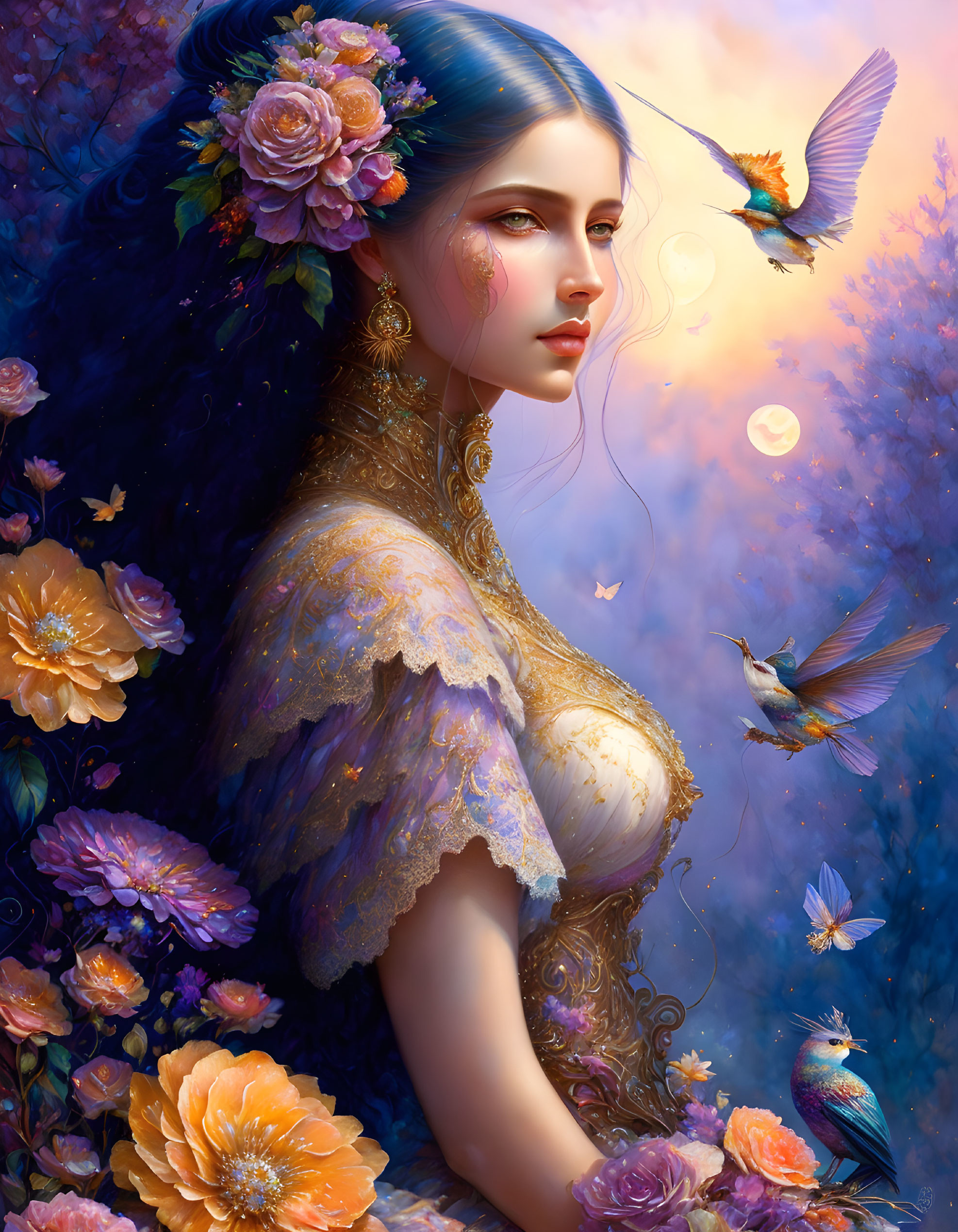 Fantastical illustration of ethereal woman surrounded by vibrant flowers and birds