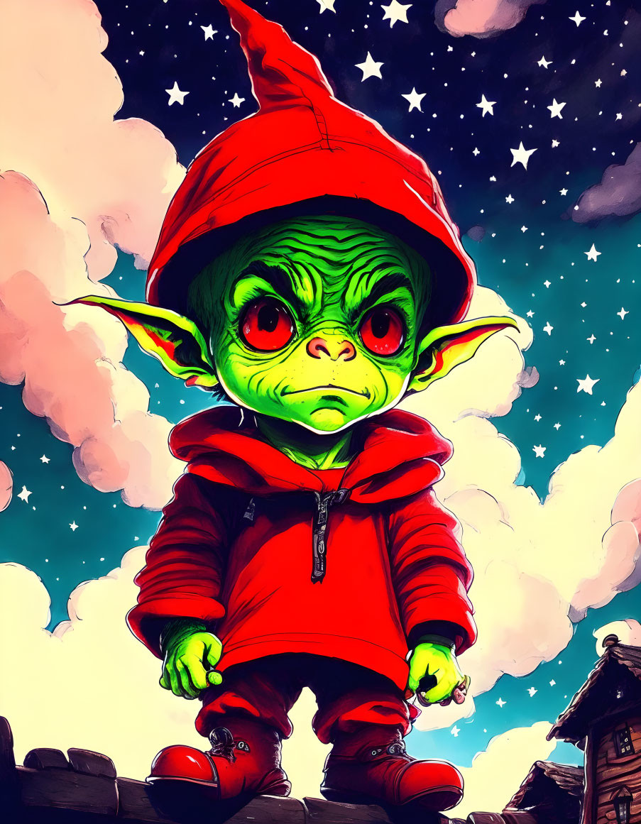 Stylized green-skinned character in red jacket under night sky