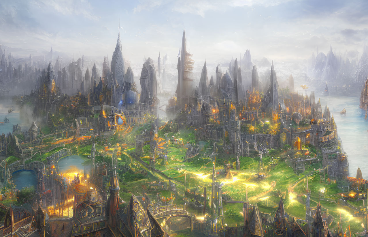 Fantastical cityscape with towering spires and magical light in a mountainous setting