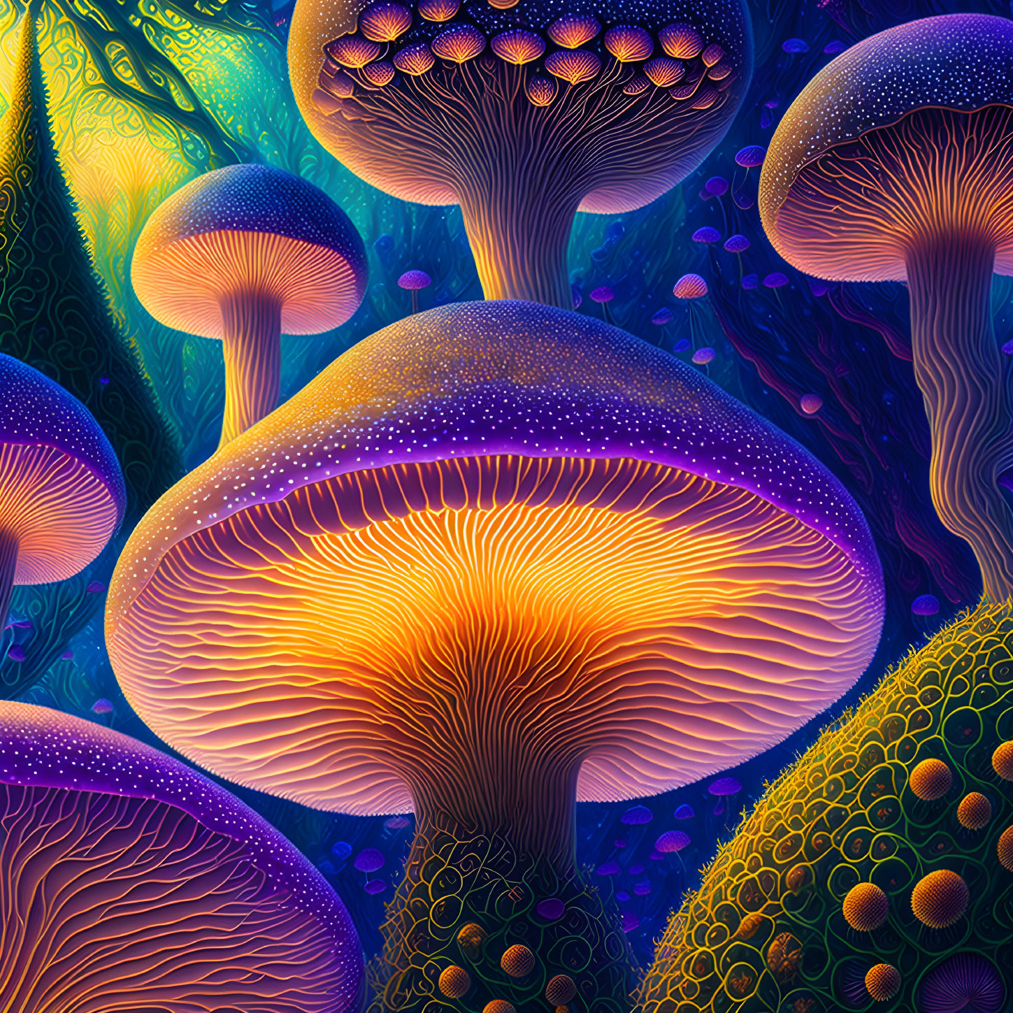 Colorful illustration: Luminescent mushrooms with glowing gills in a fantastical forest.