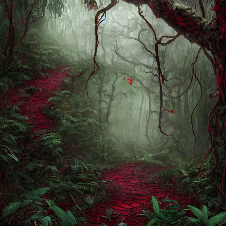 Red Path Through Dense Jungle with Lush Greenery