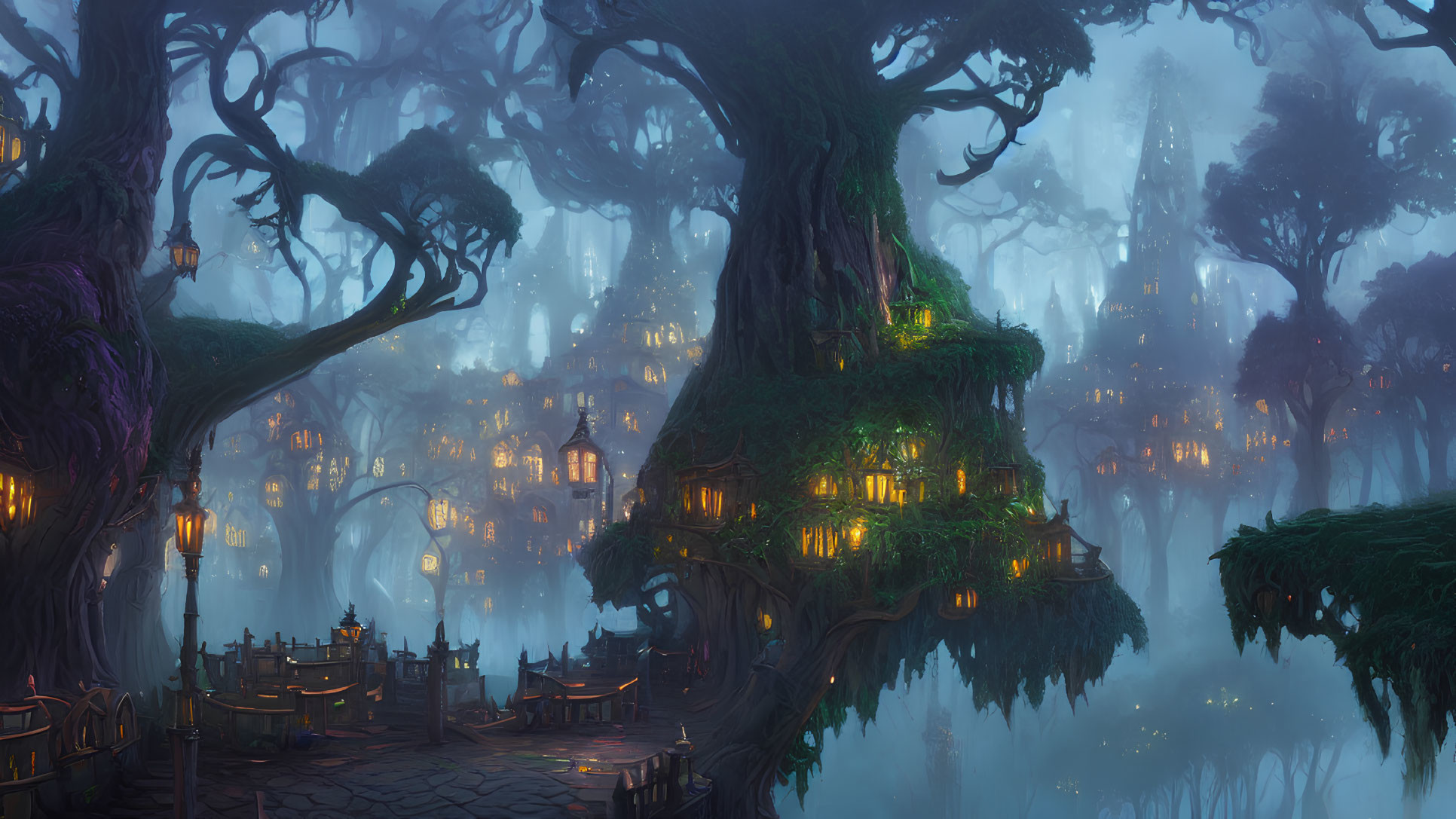 Enchanting forest scene with lantern-lit trees and castle silhouette