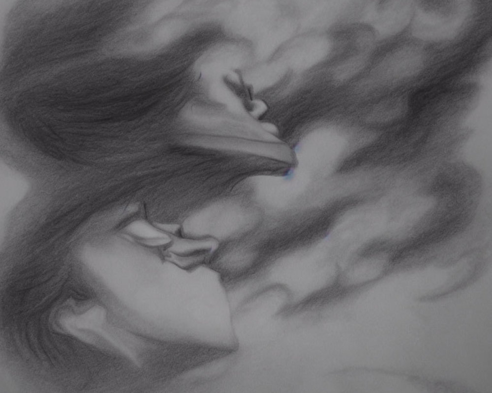 Intertwined faces in pencil sketch with closed eyes and mist background