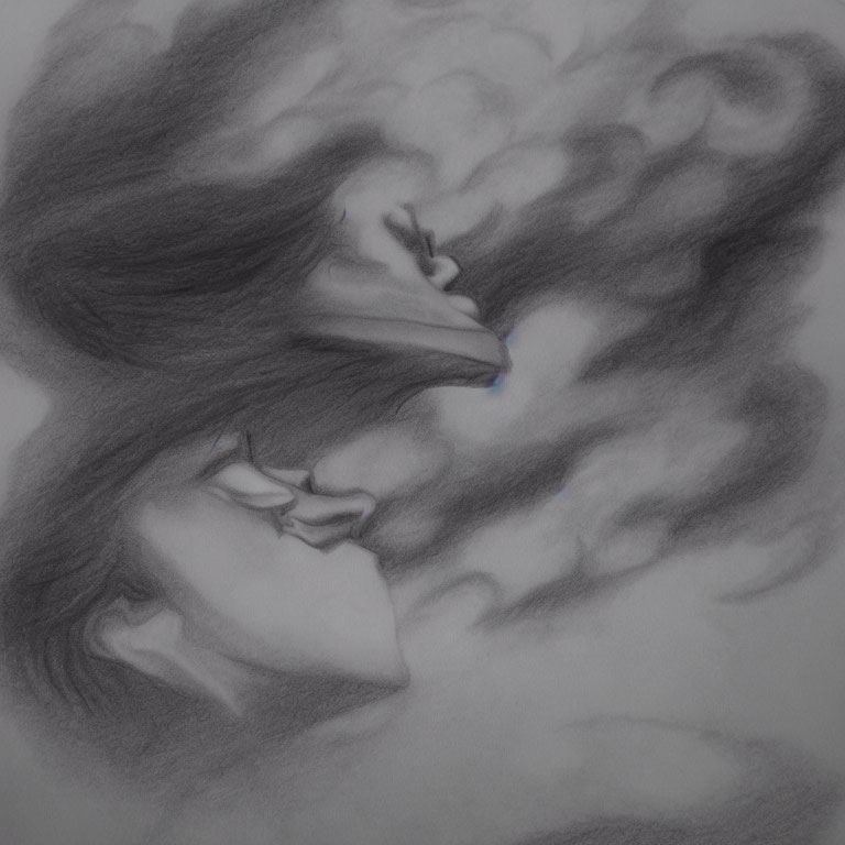 Intertwined faces in pencil sketch with closed eyes and mist background