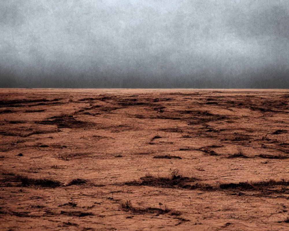 Barren Landscape with Cracked Red Earth and Overcast Sky