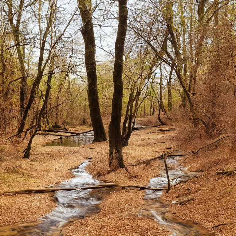 Tranquil woodland scene with bubbling stream and bare trees