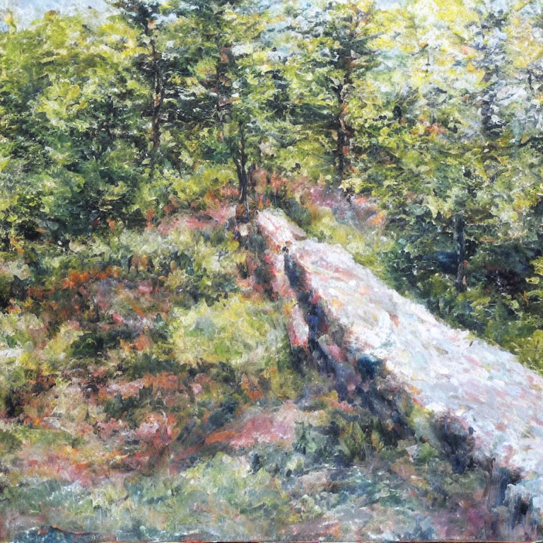 Sunlit Forest Glade Painting with Rock and Trees in Impressionistic Style