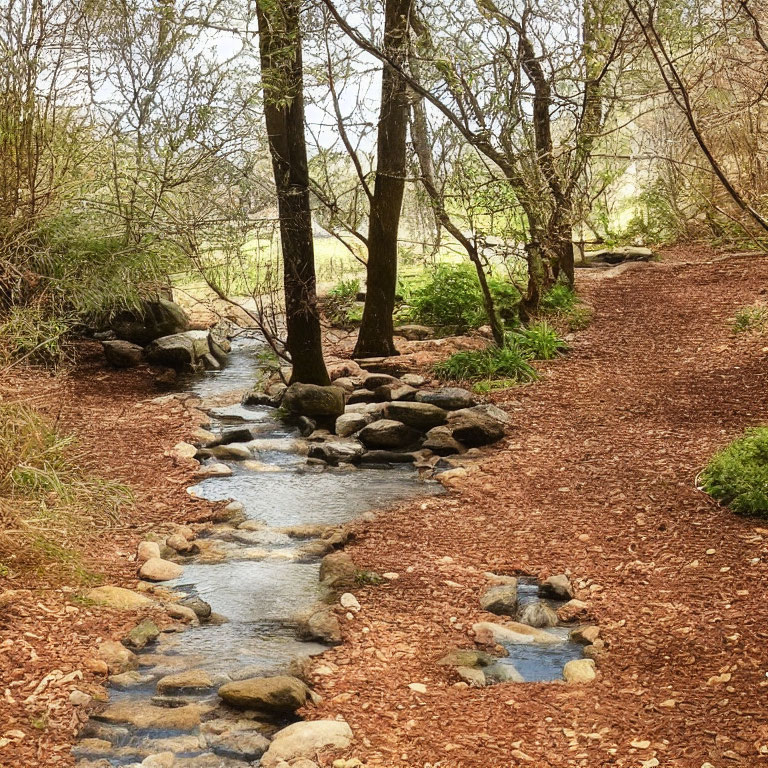 Tranquil forest path by meandering stream with rocks and green foliage