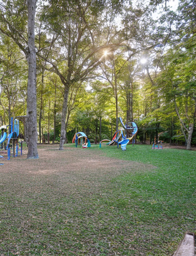 Colorful Playground with Slides and Climbing Structures in Tree-Filled Setting