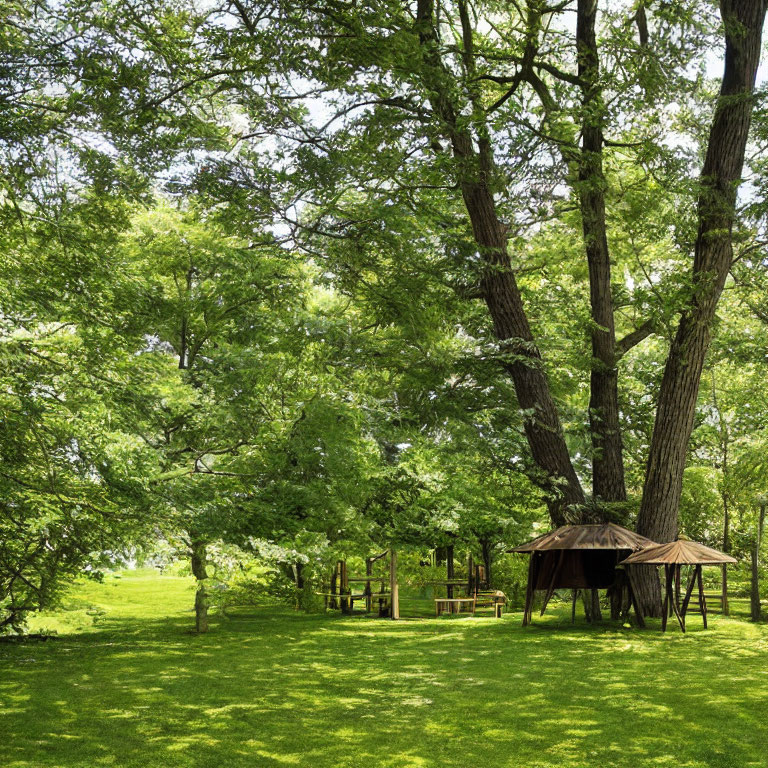 Tranquil park with lush green trees and wooden gazebo