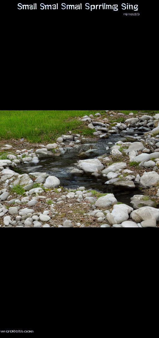 Tranquil stream in rocky bed with lush green grass