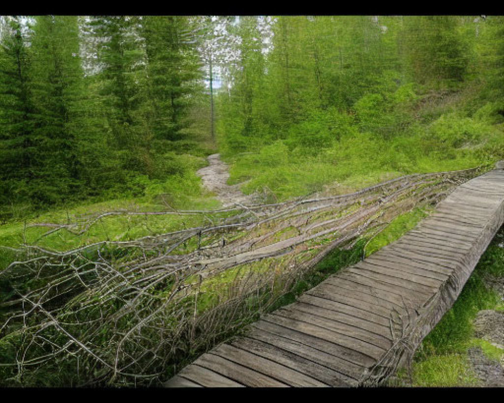 Wooden Boardwalk Through Lush Green Forest with Misty Background