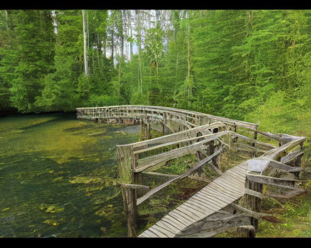 Wooden Boardwalk Through Verdant Forested Wetland